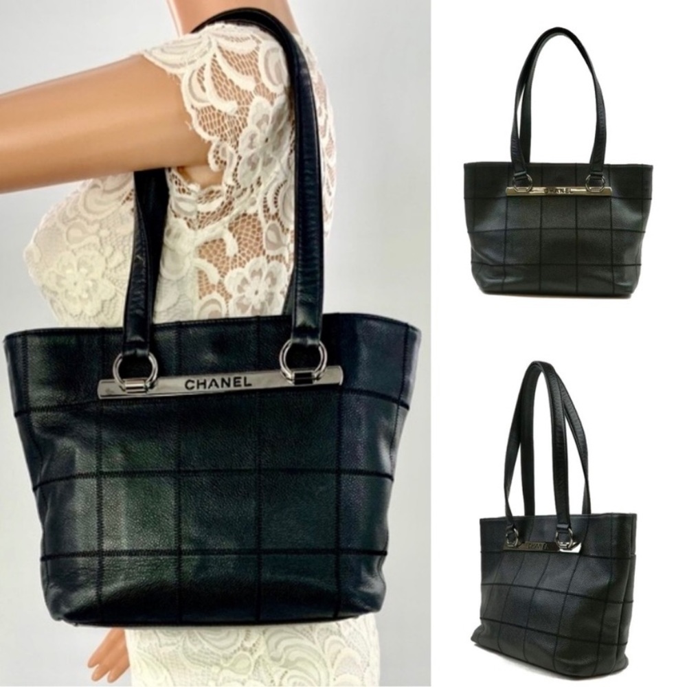 CHANEL Black Quilted Leather Tote with Silver Hardware